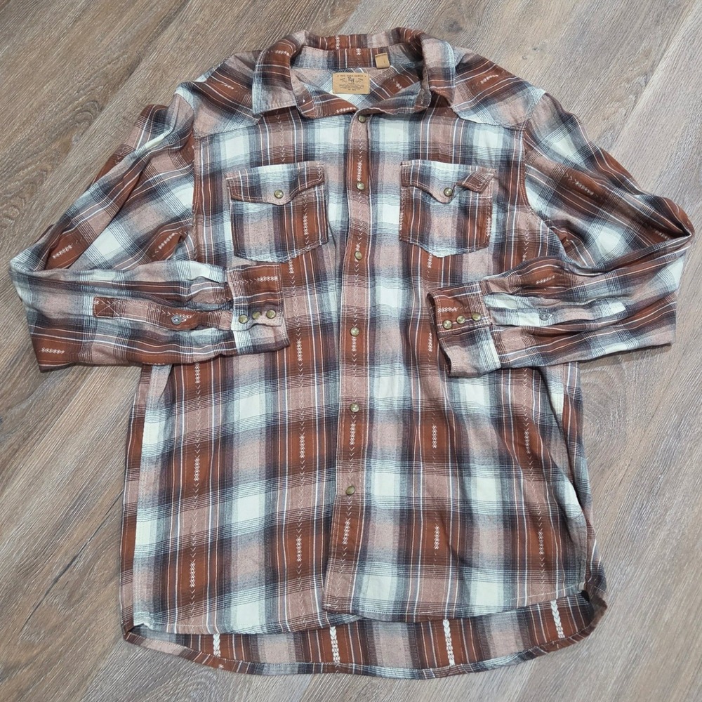Red Head Ranch Mens Large Brown Plaid Western Snap Button Down Cotton Shirt